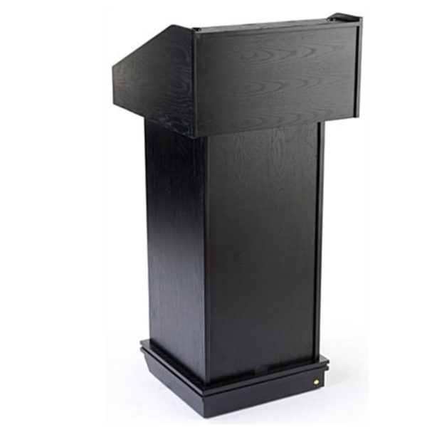 Podium with Wheels, Convertible Design for Floor or Tabletop - Wood Grain Black